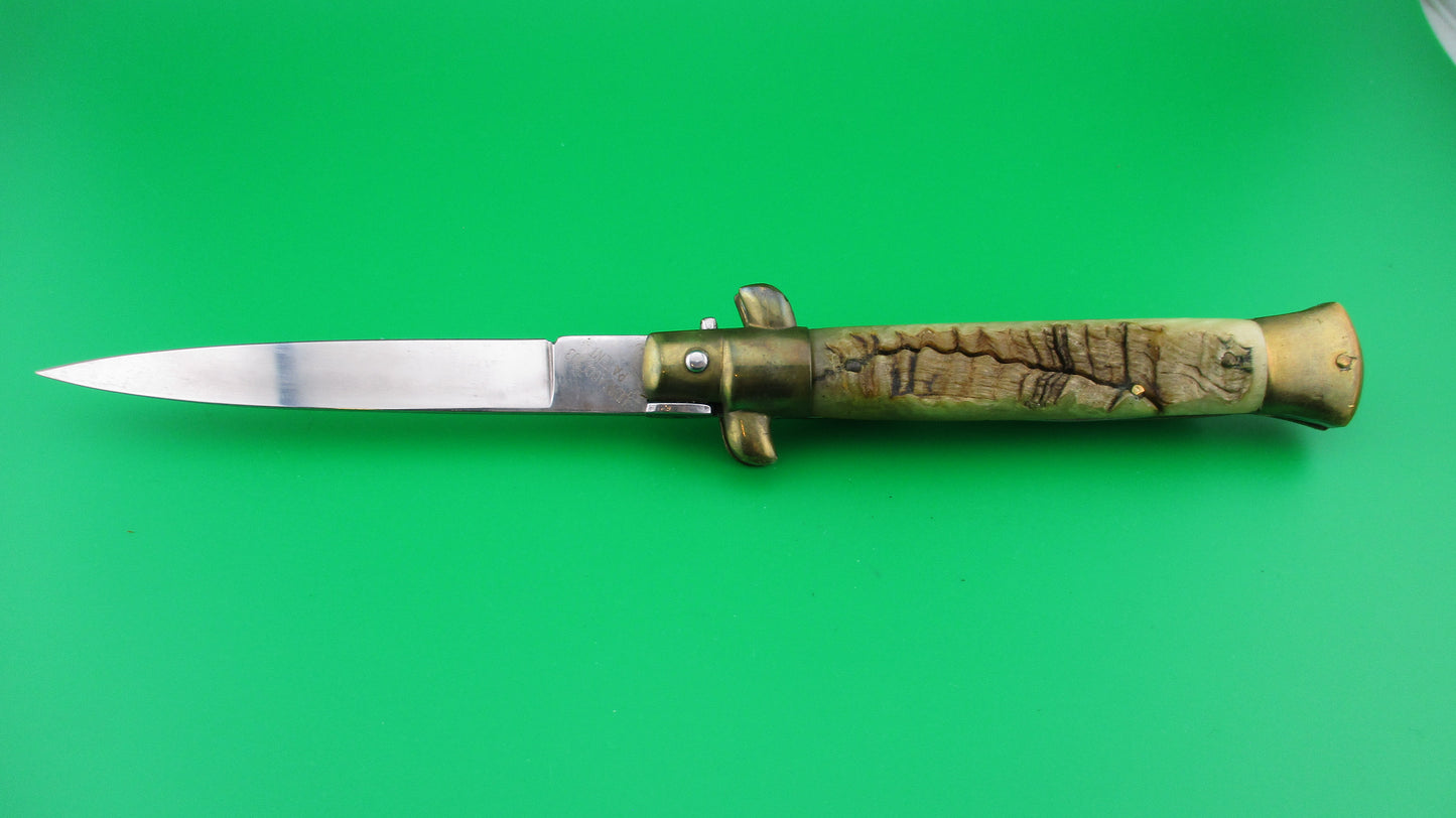 STAINLESS 23cm Italian Bolster Release Brass Rams horn automatic knife