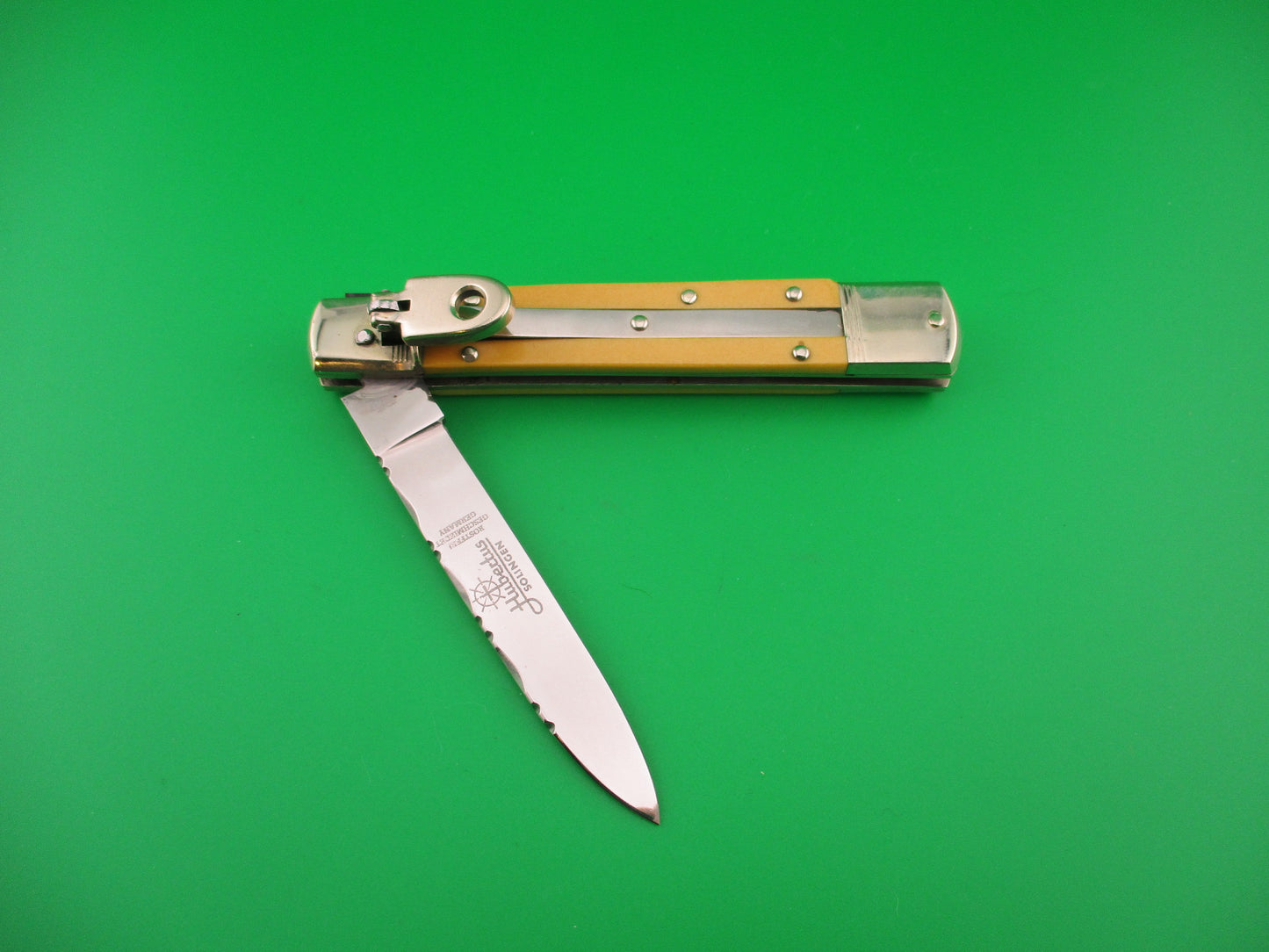 Hubertus 11cm German Lever Slim Line Yellow Micarta vintage automatic knife