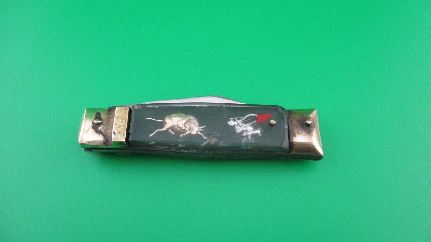 Bullfighter small 14cm Green Gold Vintage lever switchblade knife Mexican Souvenir