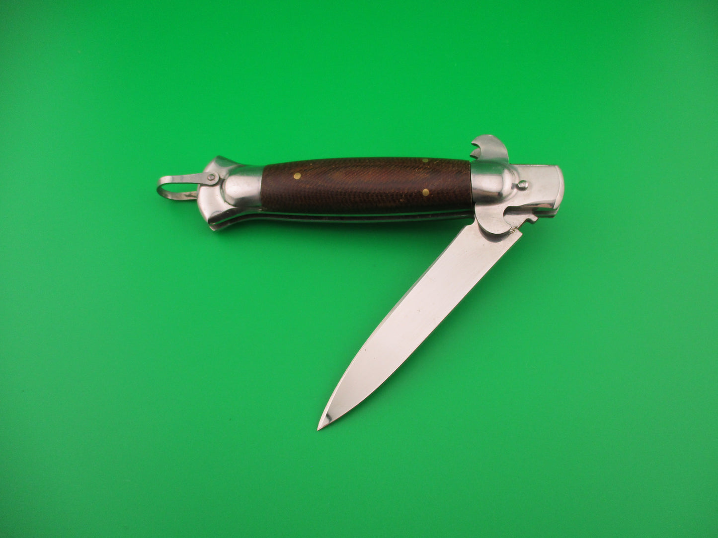 Medtex 22cm Russian stiletto swivel bolster brown Micarta automatic knife