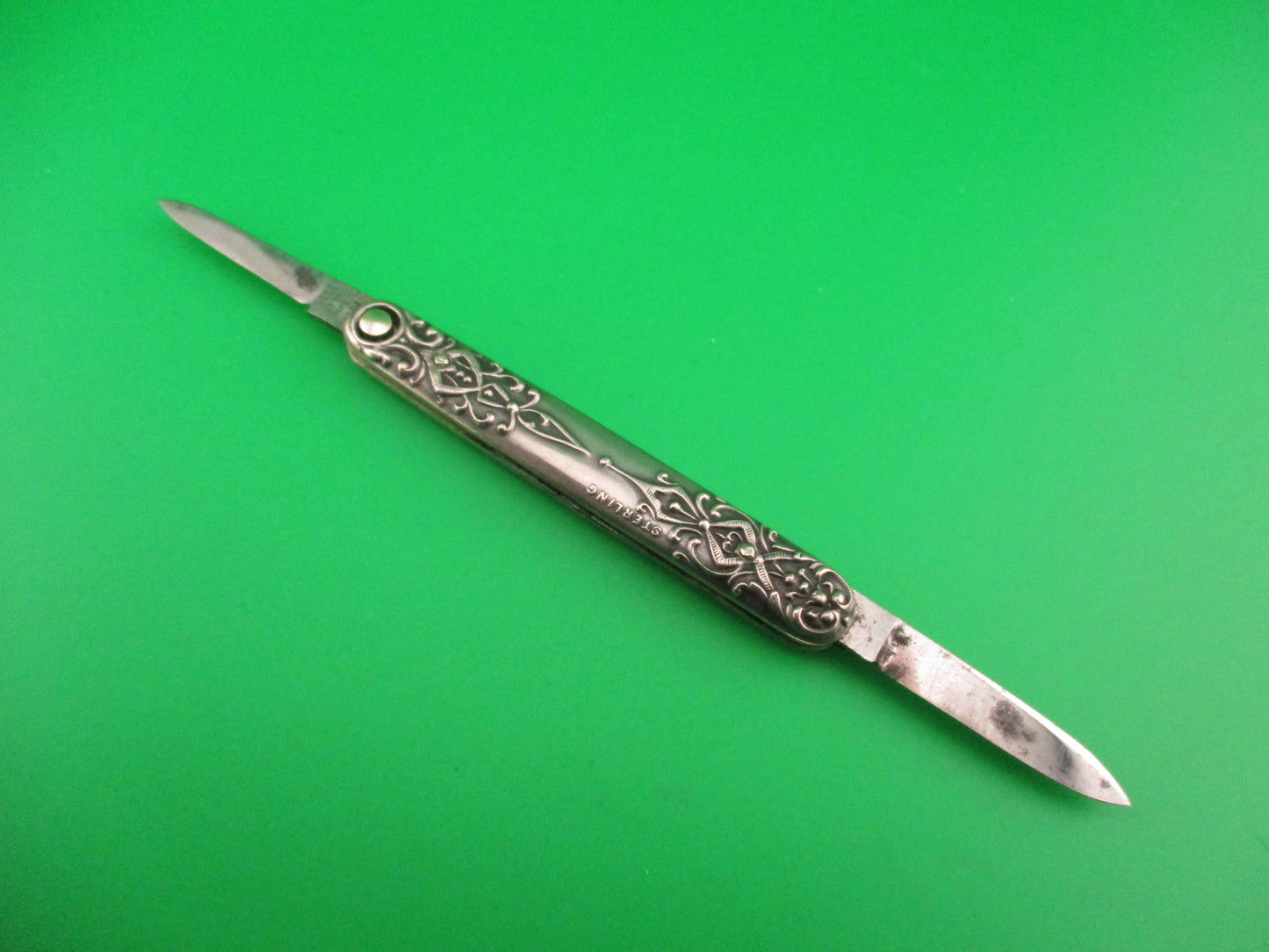 Press Button Knife Co Small Sterling Gothic double automatic knife w purse