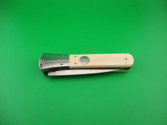Custom 23cm Round flush button Dagger Smooth bone w filework automatic knife