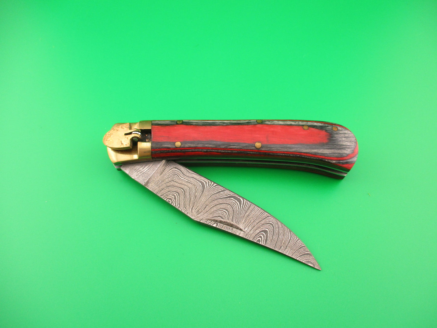 Custom 9 inch Damascus Frost Wood Brass lever automatic knife in leather sheath