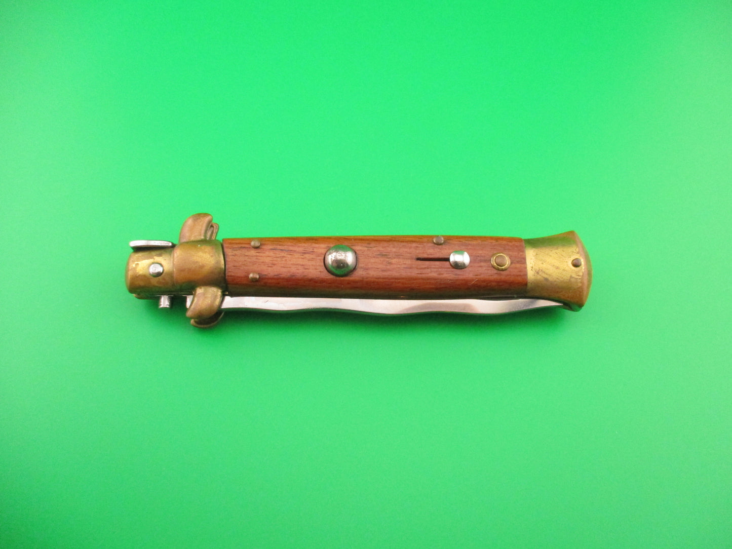 STILETTO 23cm Italian Swivel bolster Kris Olive Wood Brass 1980s vintage automatic knife