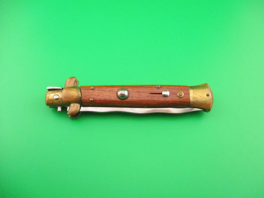 STILETTO 23cm Italian Swivel bolster Kris Olive Wood Brass 1980s vintage automatic knife