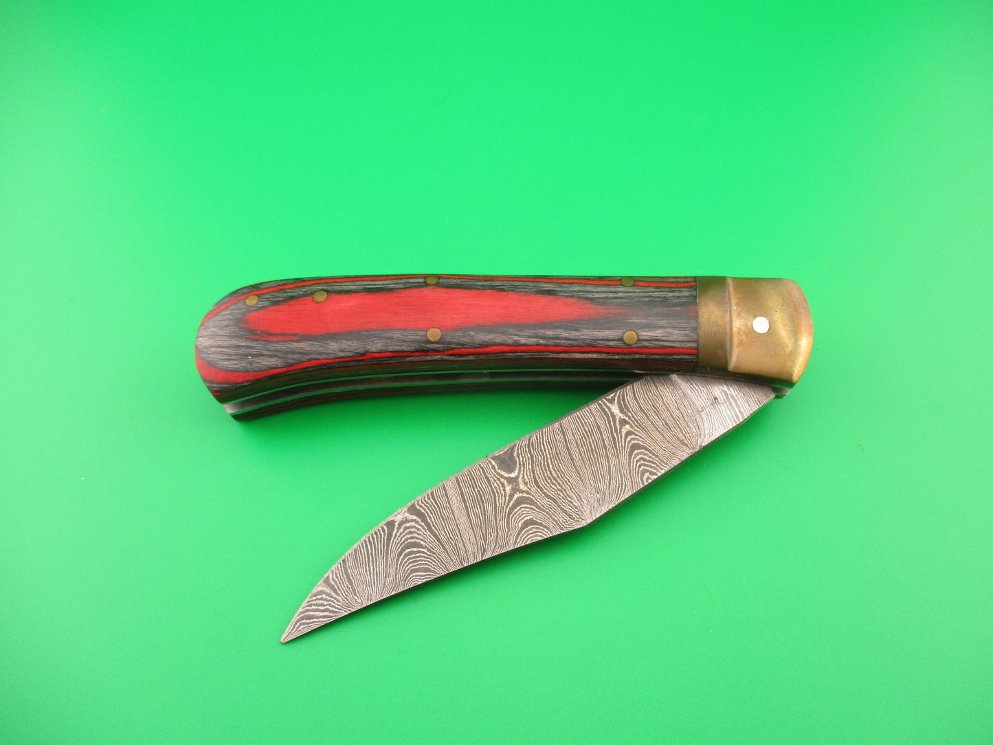 Custom 9 inch Damascus Frost Wood Brass lever automatic knife in leather sheath