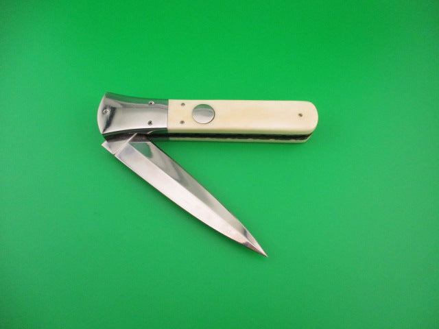 Custom 23cm Round flush button Dagger Smooth bone w filework automatic knife