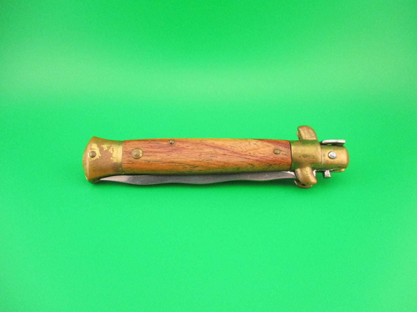 STILETTO 23cm Italian Swivel bolster Kris Olive Wood Brass 1980s vintage automatic knife