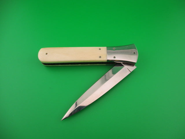 Custom 23cm Round flush button Dagger Smooth bone w filework automatic knife