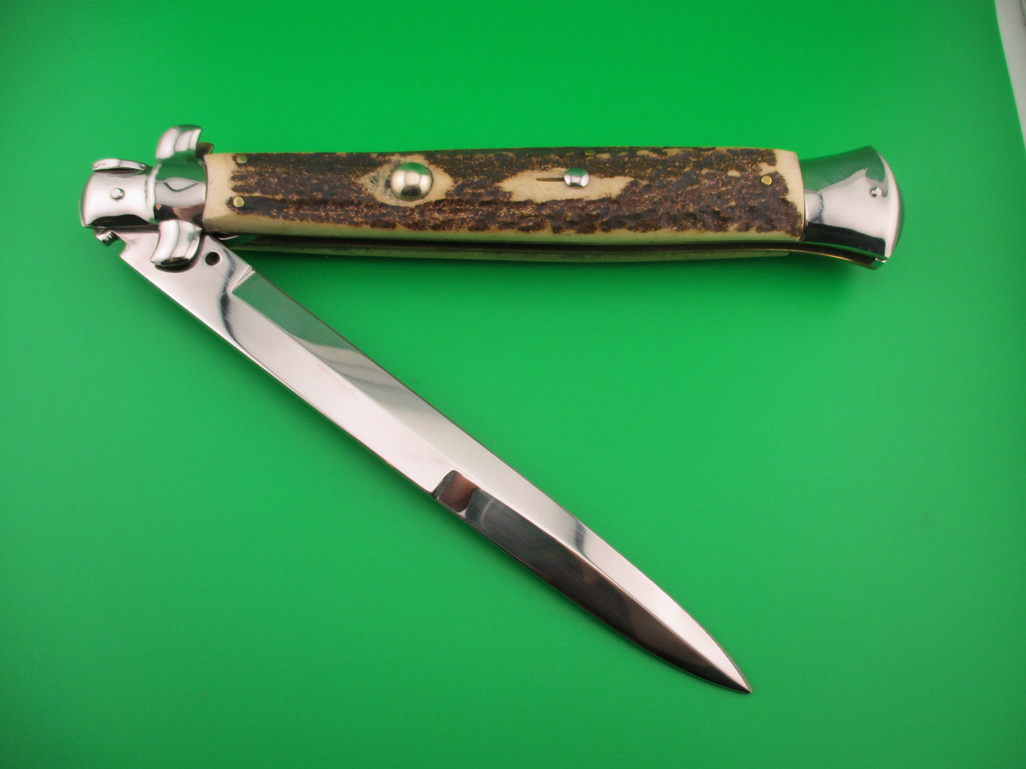 ROSTFREI ITALY 45cm Italian Stiletto Swivel bolster Stag 18 inch automatic knife