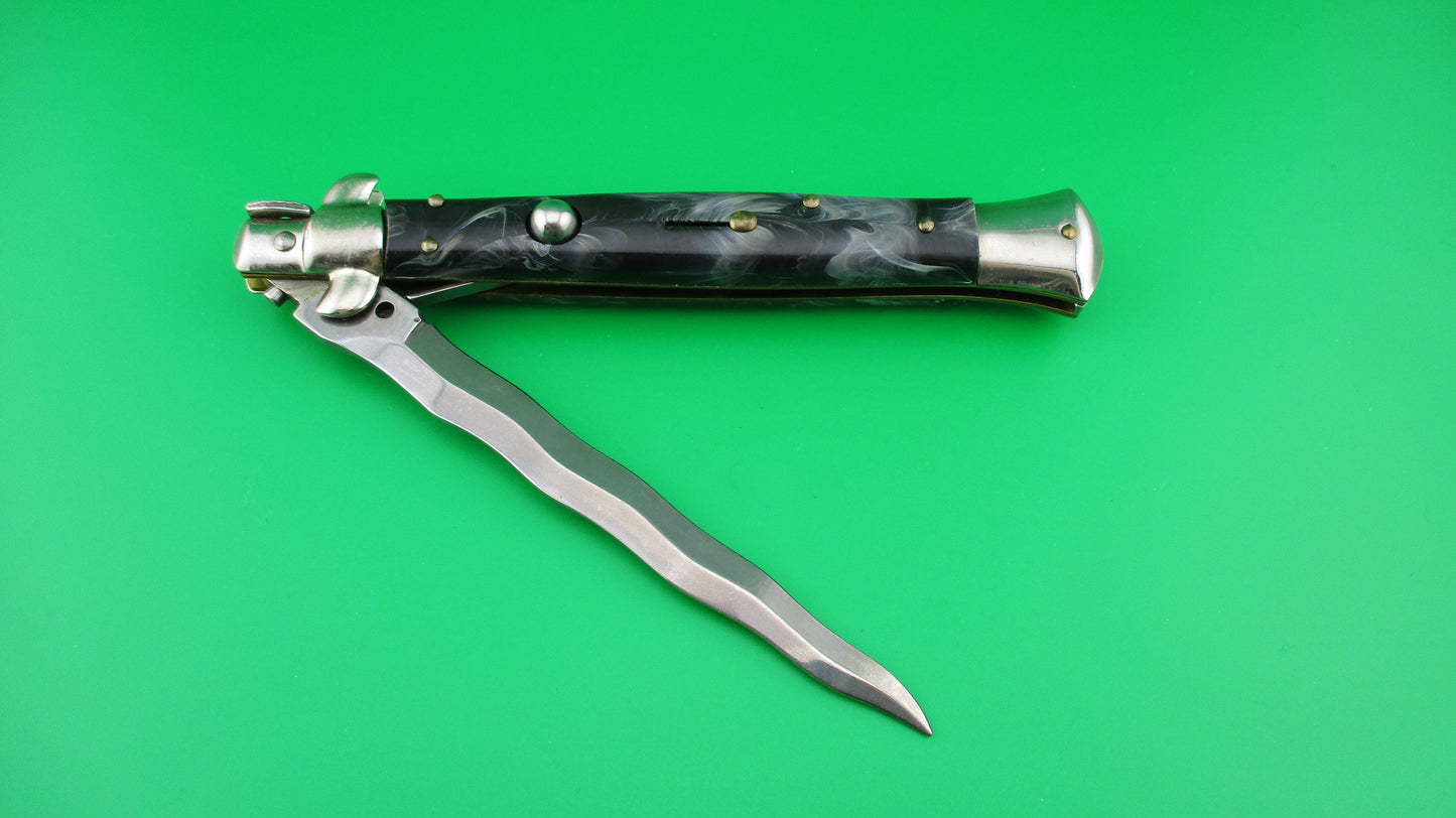 ITALY INOX 28cm Italian Stiletto KRIS black & gray swirl switchblade knife