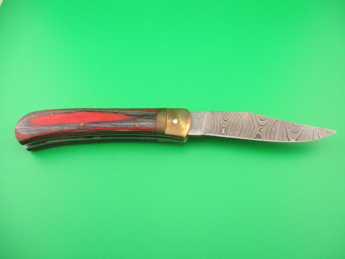 Custom 9 inch Damascus Frost Wood Brass lever automatic knife in leather sheath