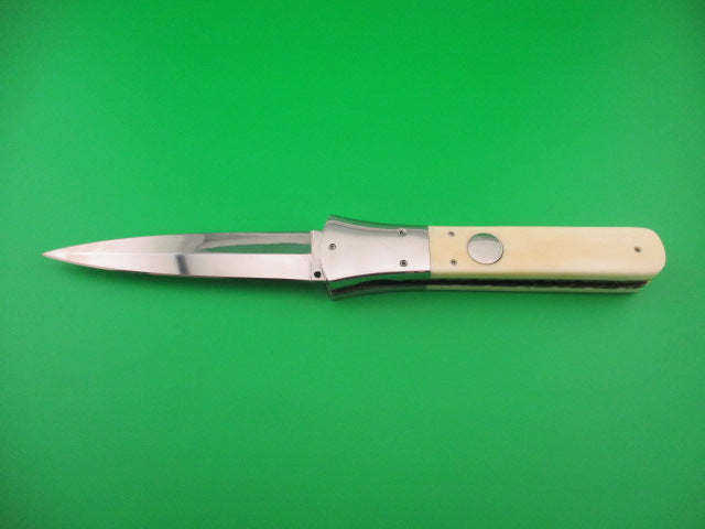 Custom 23cm Round flush button Dagger Smooth bone w filework automatic knife