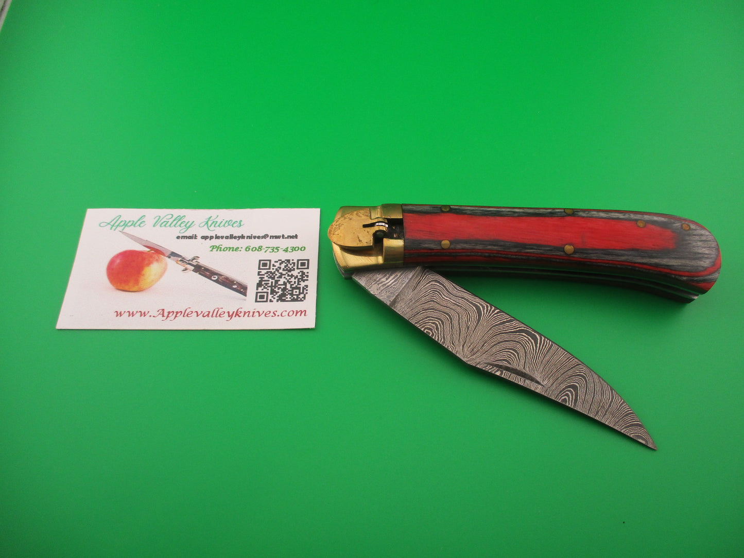 Custom 9 inch Damascus Frost Wood Brass lever automatic knife in leather sheath