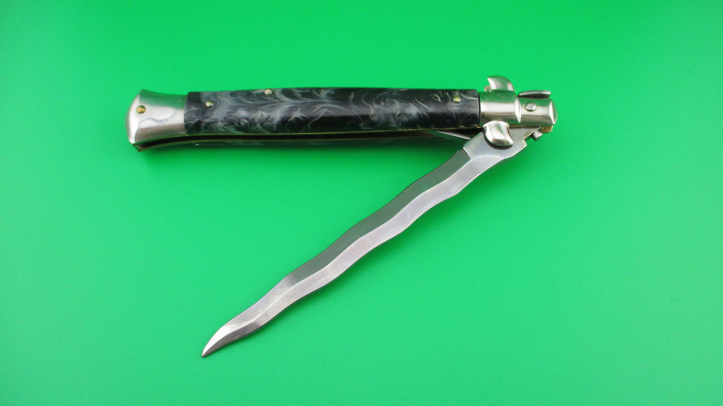 ITALY INOX 28cm Italian Stiletto KRIS black & gray swirl switchblade knife