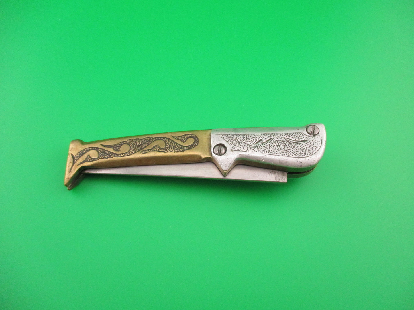RPK 20cm Coilspring Leg Knife Brass & Aluminum engraved vintage automatic knife