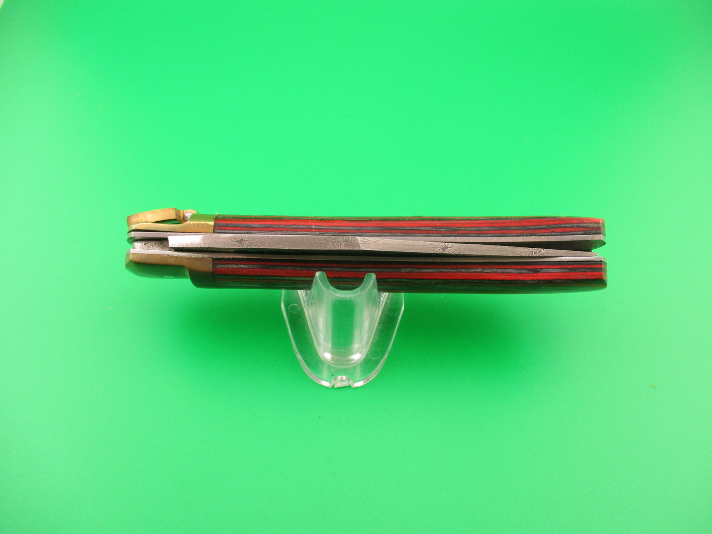 Custom 9 inch Damascus Frost Wood Brass lever automatic knife in leather sheath