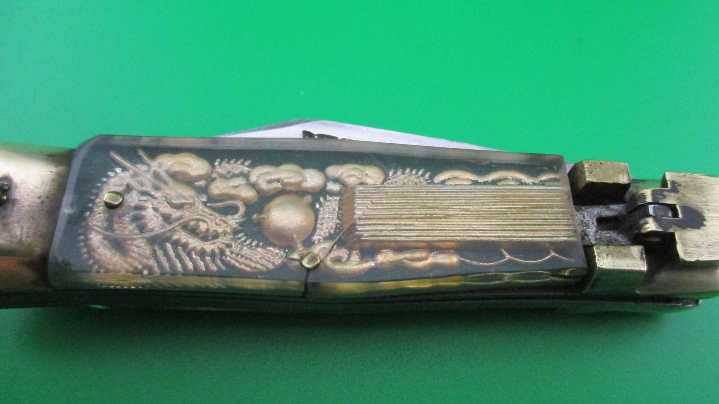 Bullfighter small 14cm Green Gold Vintage lever switchblade knife Mexican Souvenir