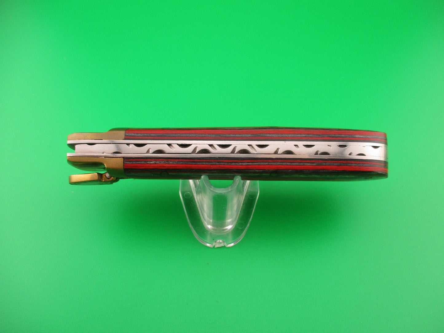 Custom 9 inch Damascus Frost Wood Brass lever automatic knife in leather sheath