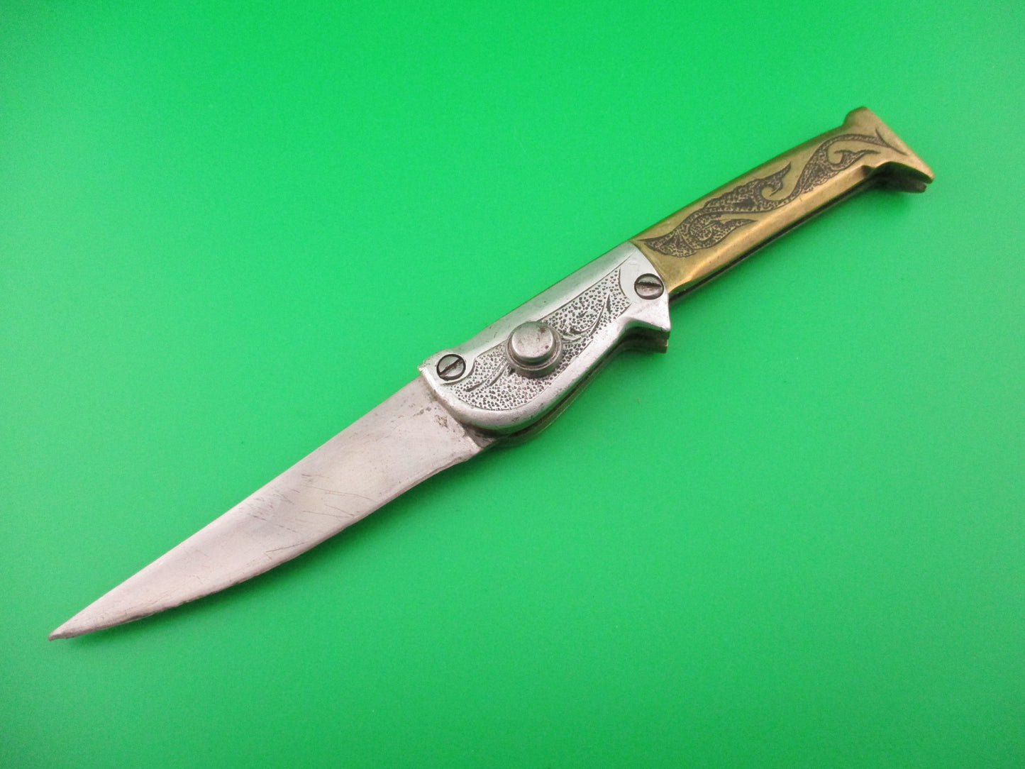 RPK 20cm Coilspring Leg Knife Brass & Aluminum engraved vintage automatic knife
