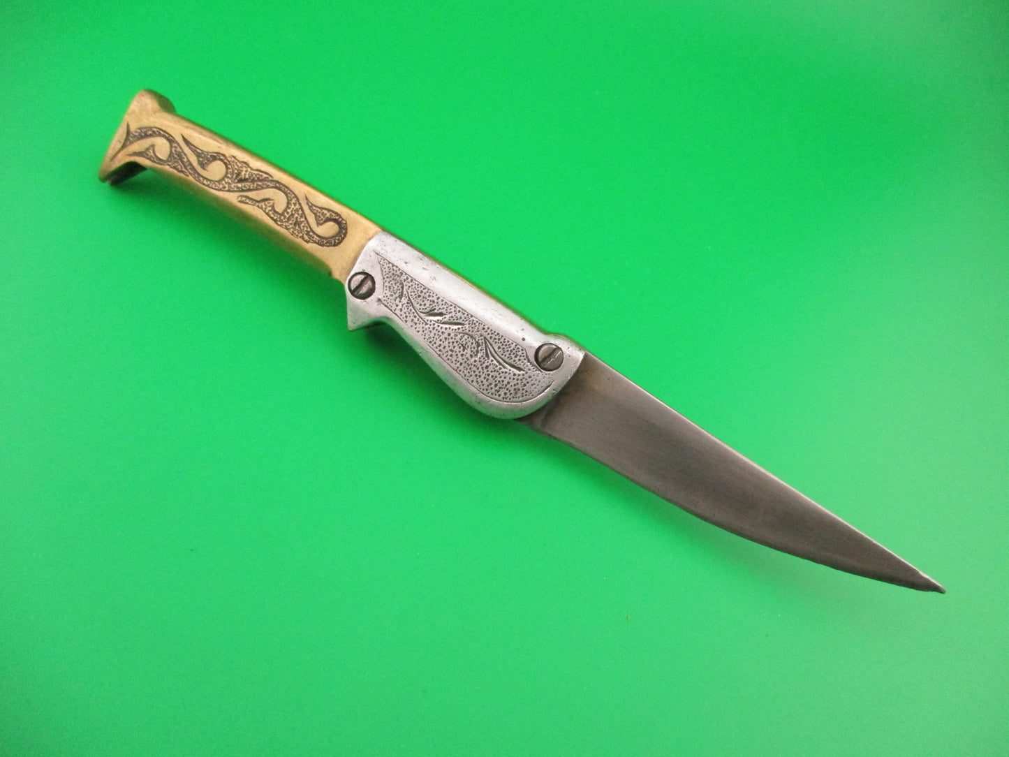 RPK 20cm Coilspring Leg Knife Brass & Aluminum engraved vintage automatic knife