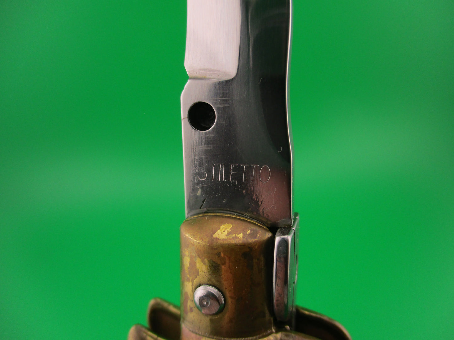 STILETTO 23cm Italian Swivel bolster Kris Olive Wood Brass 1980s vintage automatic knife