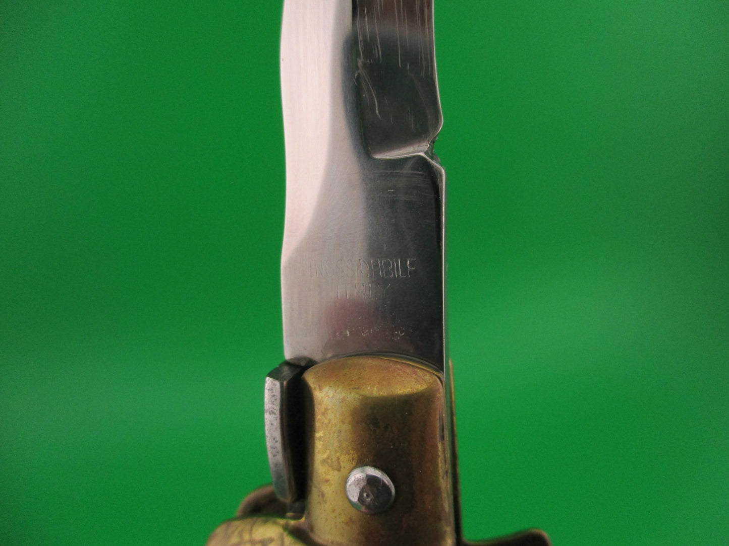 STILETTO 23cm Italian Swivel bolster Kris Olive Wood Brass 1980s vintage automatic knife