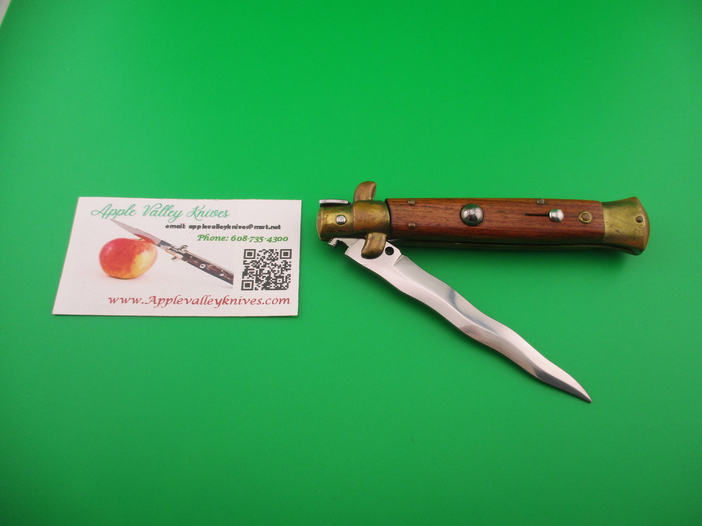 STILETTO 23cm Italian Swivel bolster Kris Olive Wood Brass 1980s vintage automatic knife