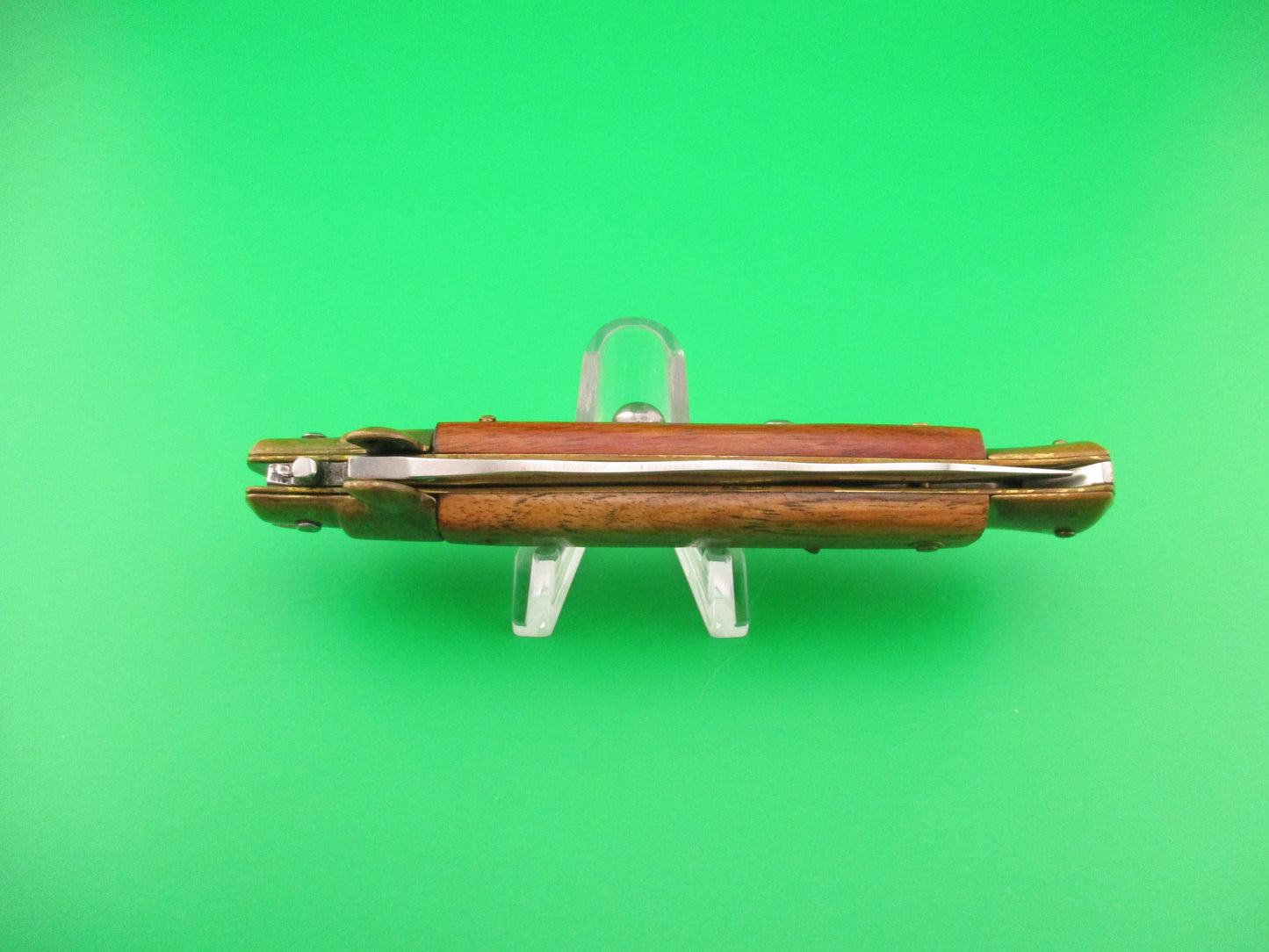 STILETTO 23cm Italian Swivel bolster Kris Olive Wood Brass 1980s vintage automatic knife