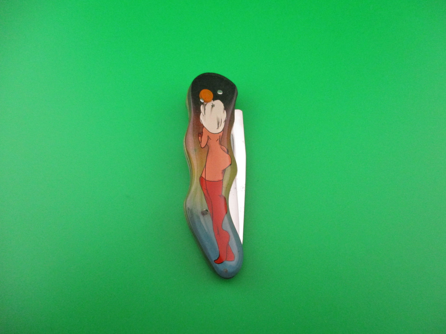Russian Prison Knife Sexy woman white hair red stockings pinup switchblade knife vintage