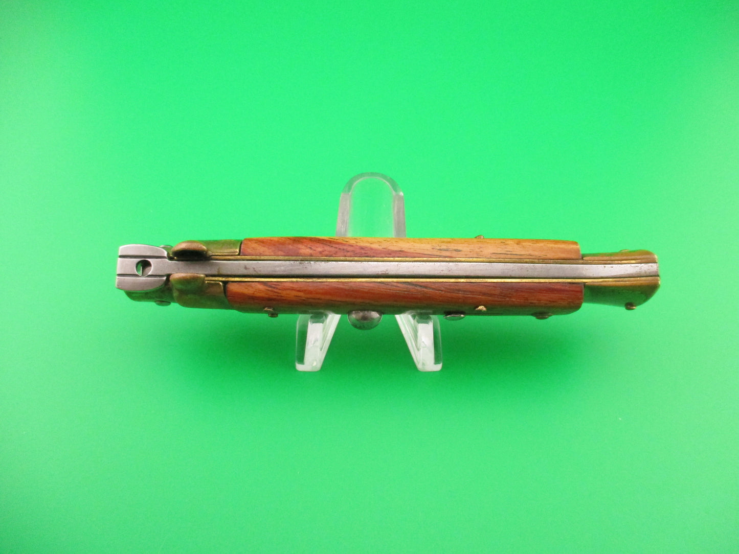 STILETTO 23cm Italian Swivel bolster Kris Olive Wood Brass 1980s vintage automatic knife