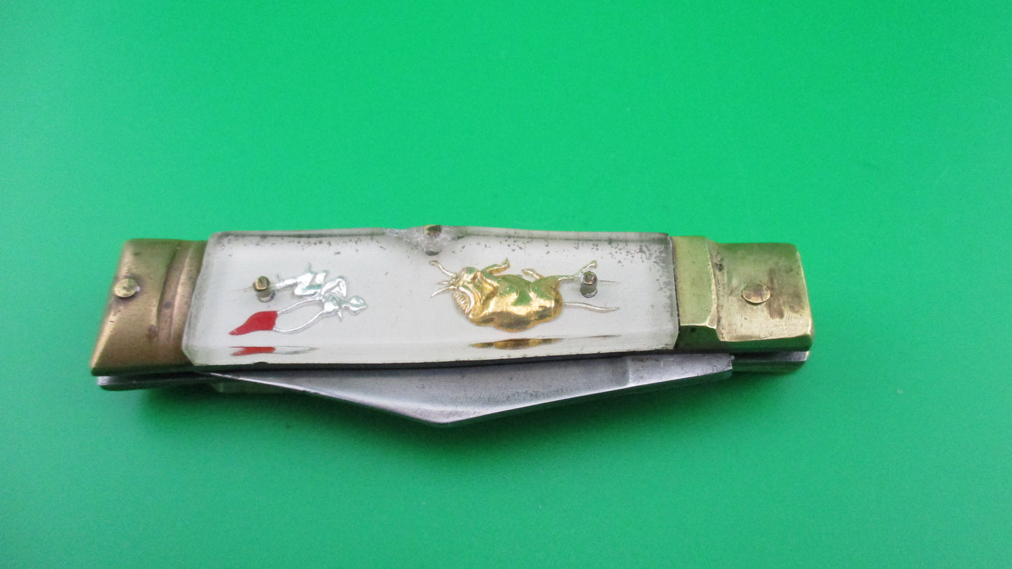 Japanese Bullfighter small 14cm White Gold Vintage lever switchblade knife Mexican Souvenir