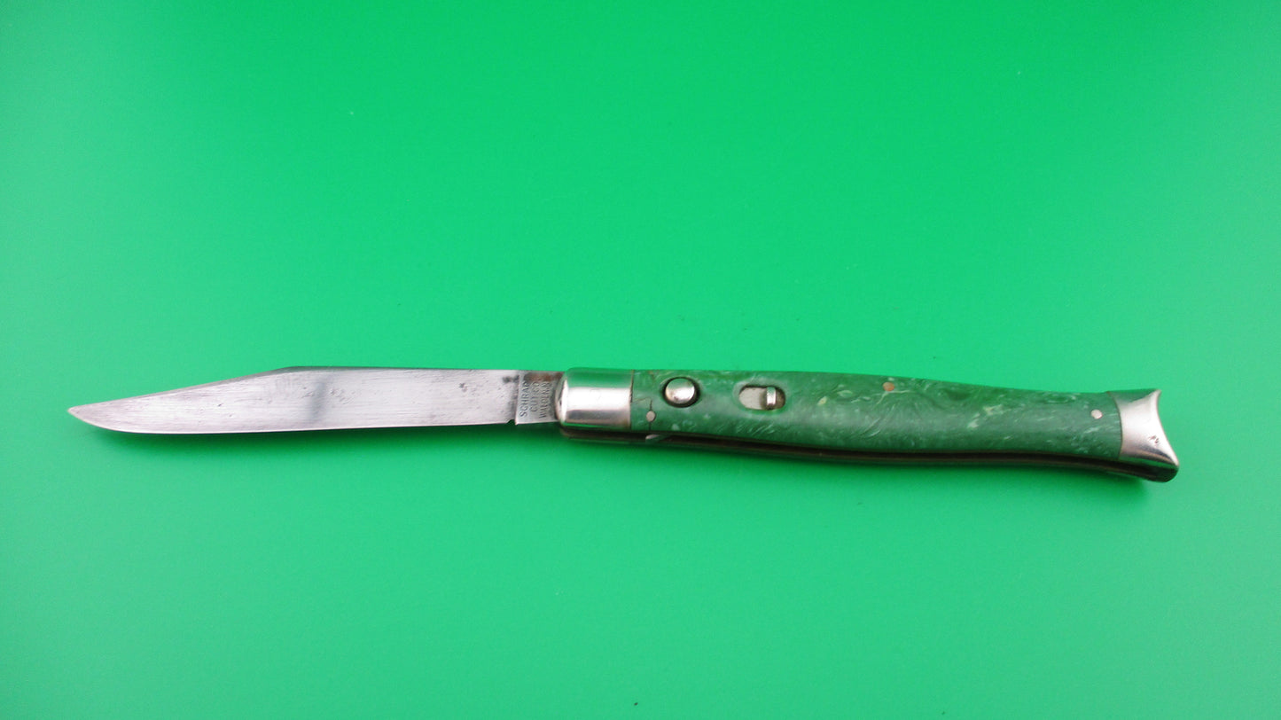 SCHRADE CUT CO Fishtail Green swirl handles Vintage switchblade knife