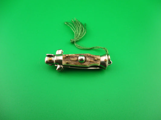 INOX 7cm Italian Mini Picklock Stag 4 pin vintage automatic knife with Green tassel