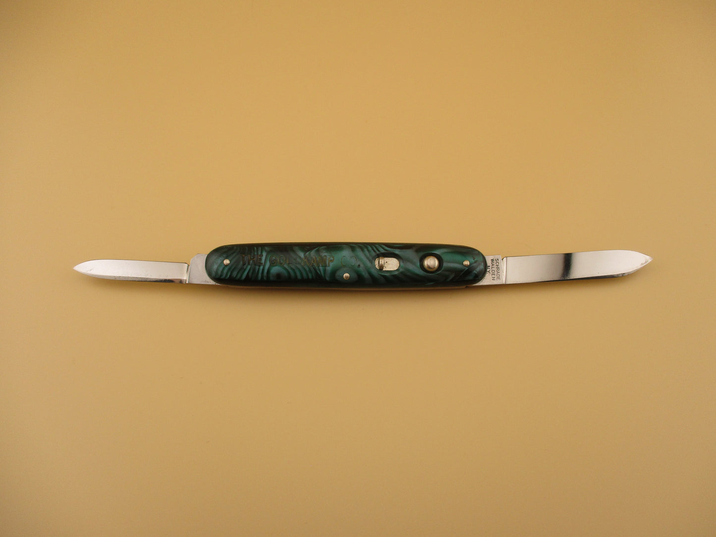 SCHRADE WALDEN Medium Double Green Pearl Advertising MINT automatic knife