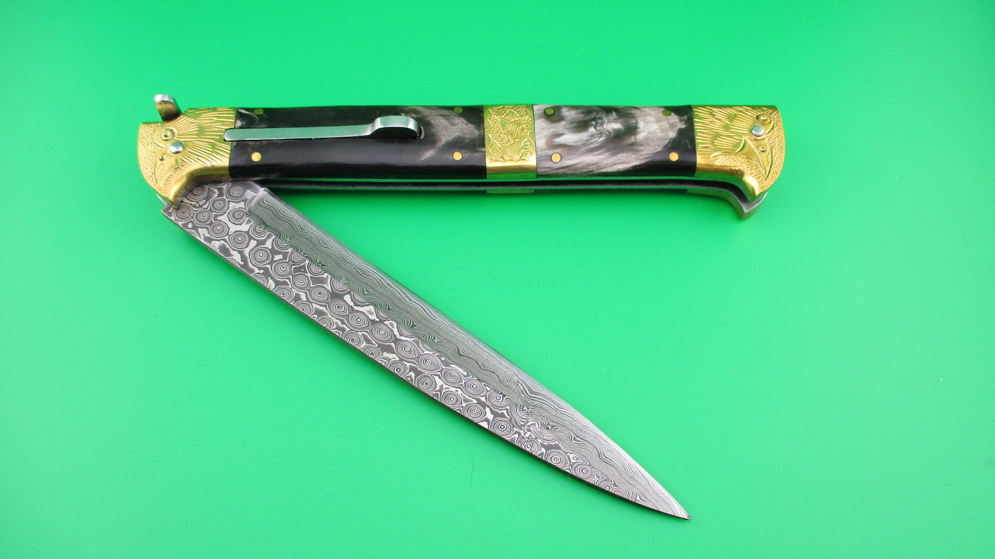 Custom 33cm Damascus Bird Head Backspring release automatic knife by Samir Ahmad