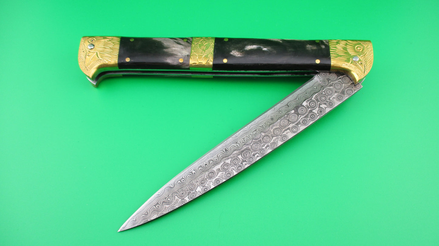 Custom 33cm Damascus Bird Head Backspring release automatic knife by Samir Ahmad