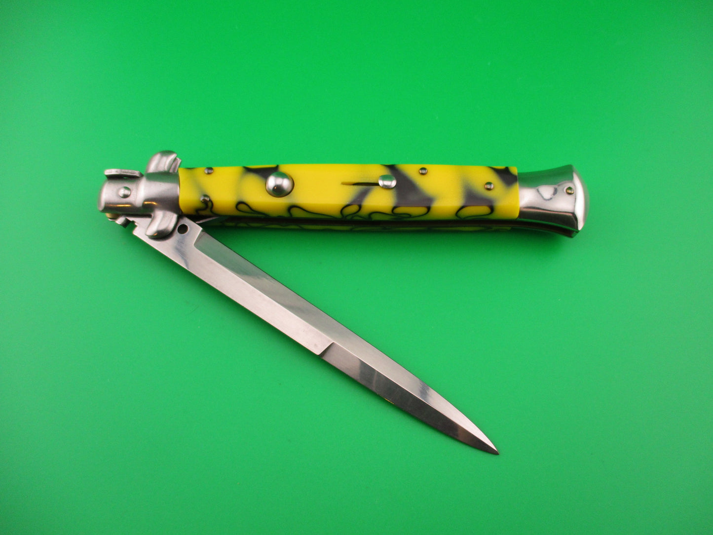 ITALY INOX 28cm Italian Stiletto Yellow & Black Swivel bolster automatic knife
