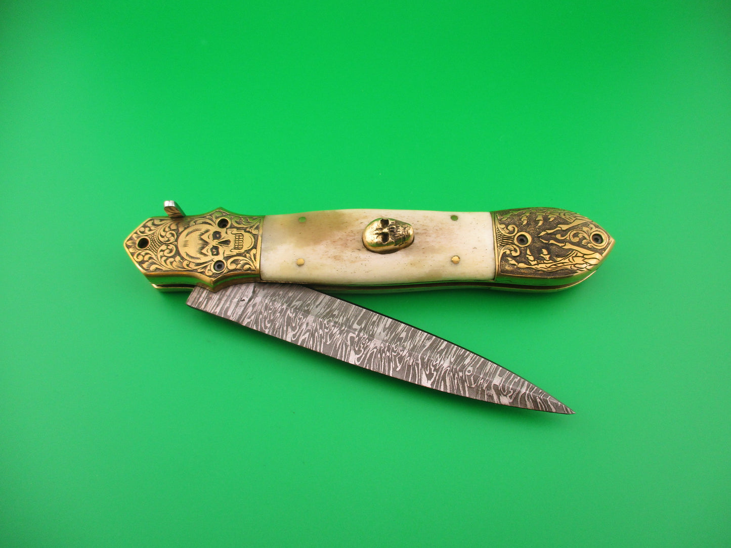 Grim Reaper 29cm Skull Button Custom Automatic Knife by Orang Zaib Brass & horn