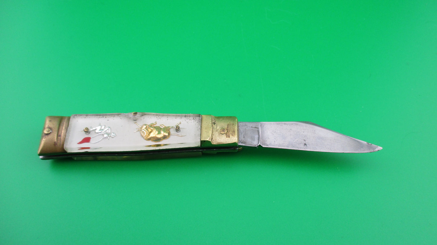 Japanese Bullfighter small 14cm White Gold Vintage lever switchblade knife Mexican Souvenir