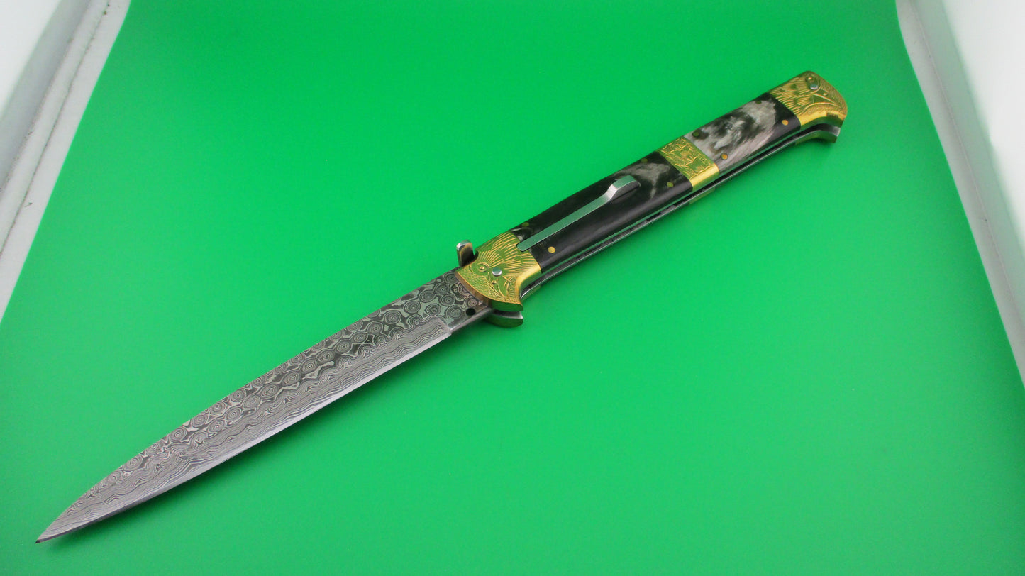 Custom 33cm Damascus Bird Head Backspring release automatic knife by Samir Ahmad