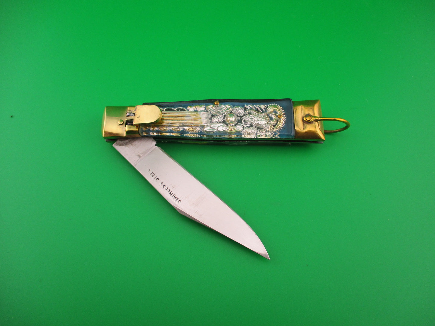 STAINLESS STEEL 19cm Japanese Blue Green Dragon Matador vintage automatic knife