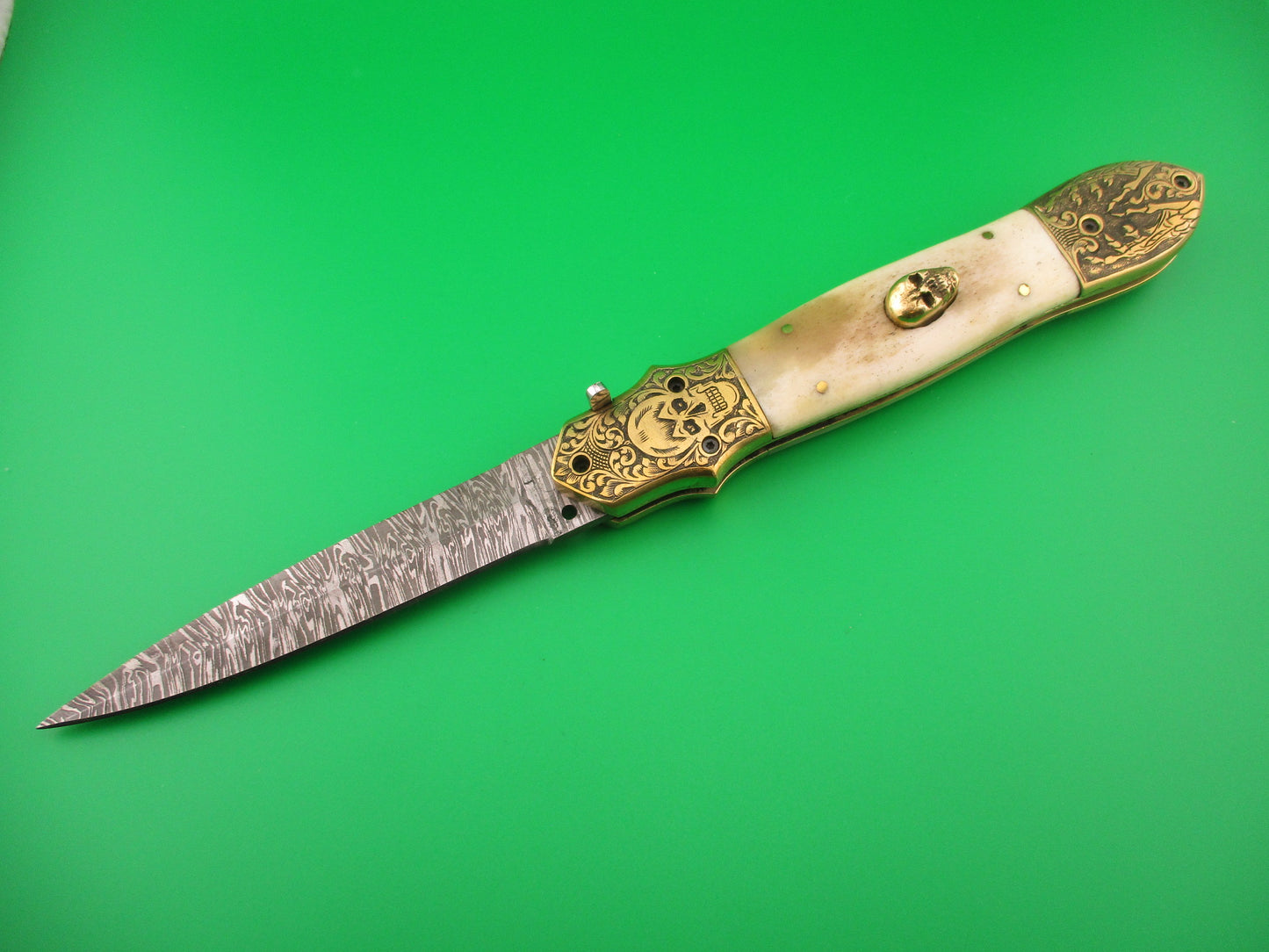 Grim Reaper 29cm Skull Button Custom Automatic Knife by Orang Zaib Brass & horn