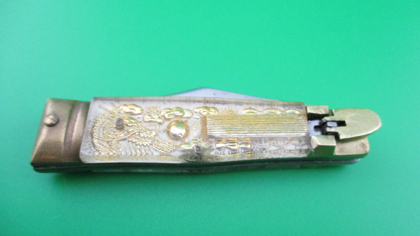 Japanese Bullfighter small 14cm White Gold Vintage lever switchblade knife Mexican Souvenir