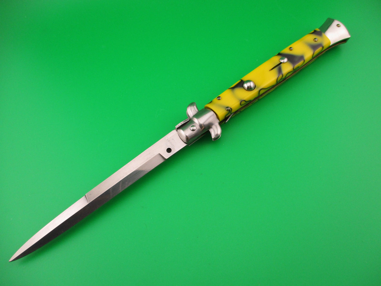 ITALY INOX 28cm Italian Stiletto Yellow & Black Swivel bolster automatic knife