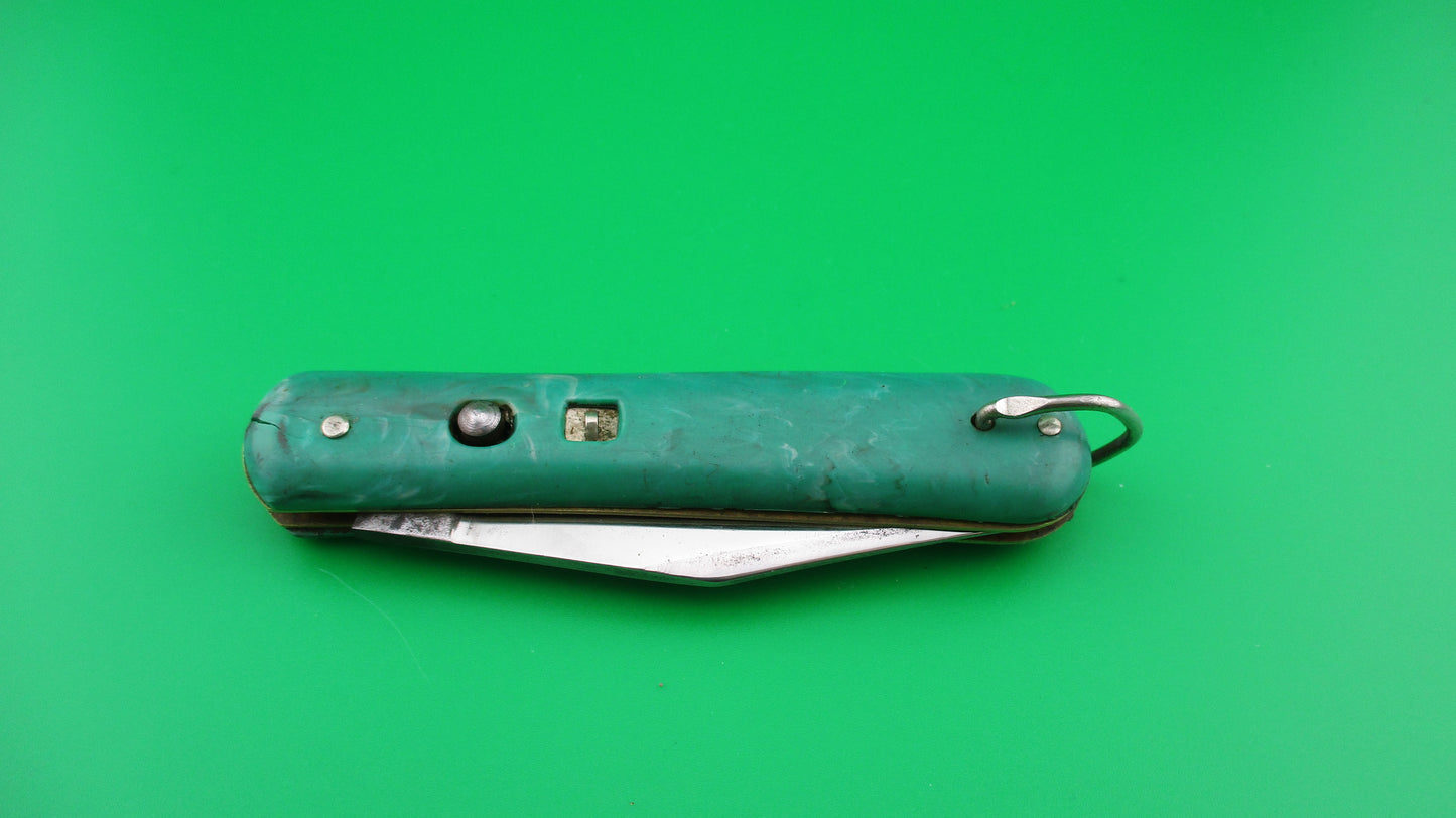 Colonial Fatjack Green swirl switchblade knife with lanyard ring unmarked