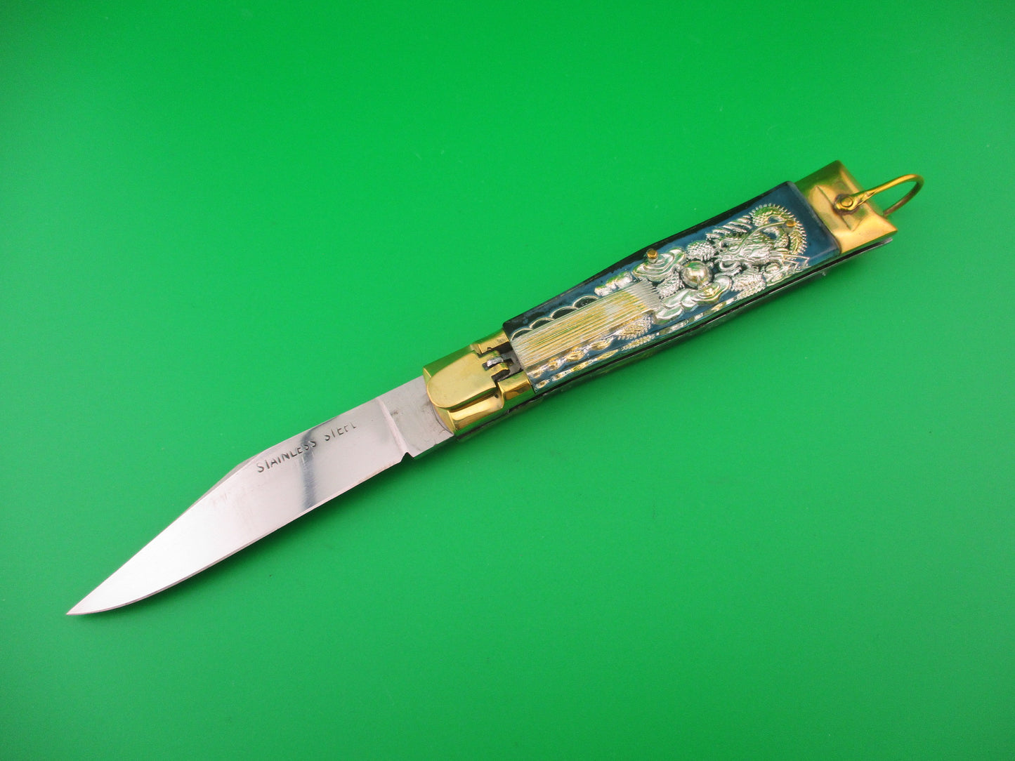 STAINLESS STEEL 19cm Japanese Blue Green Dragon Matador vintage automatic knife