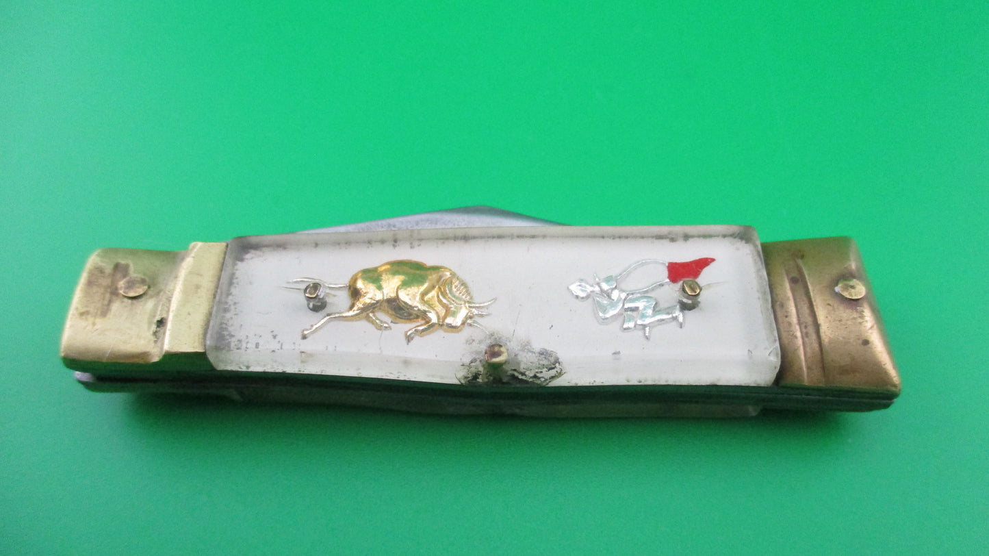 Japanese Bullfighter small 14cm White Gold Vintage lever switchblade knife Mexican Souvenir