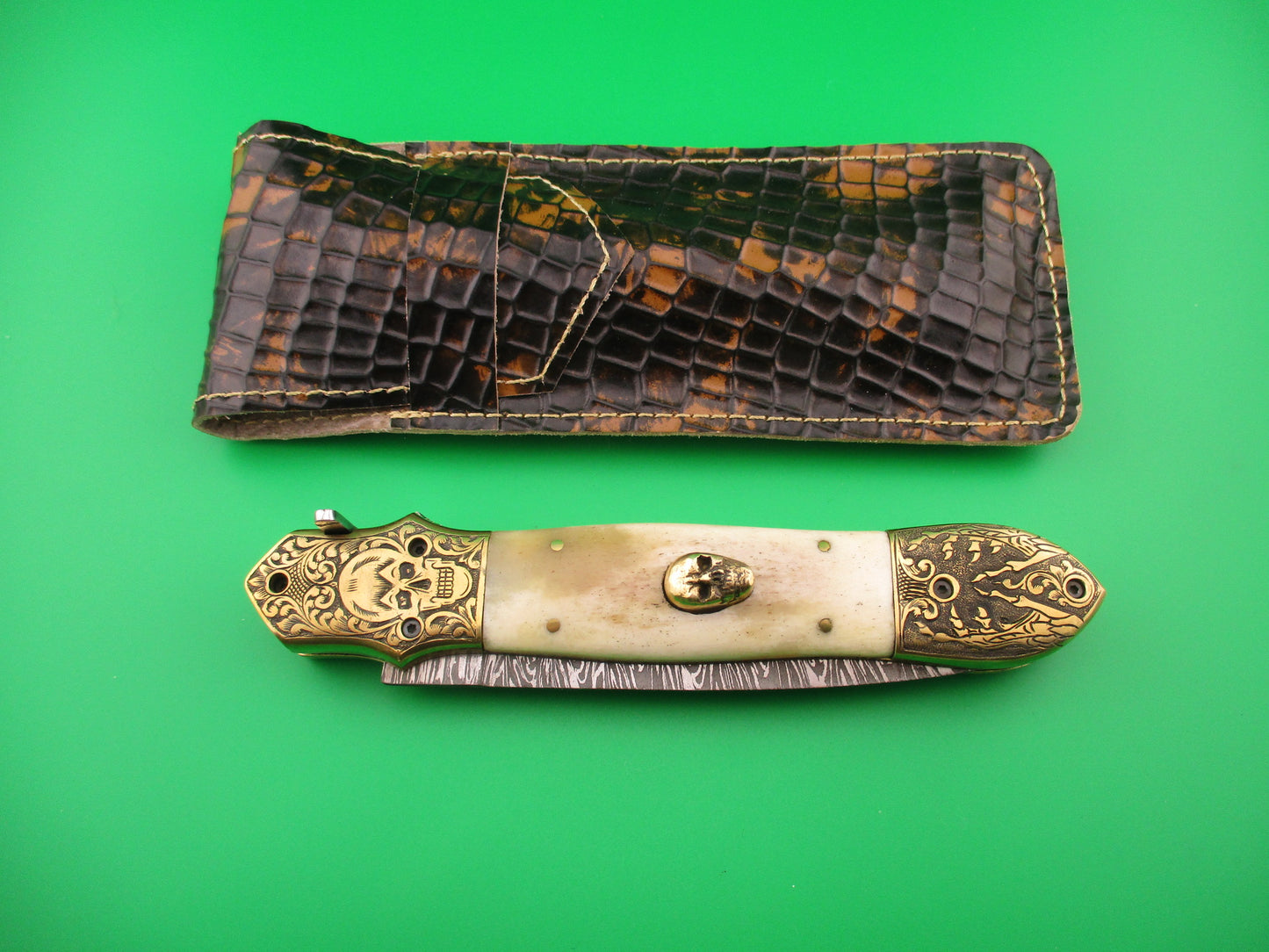 Grim Reaper 29cm Skull Button Custom Automatic Knife by Orang Zaib Brass & horn