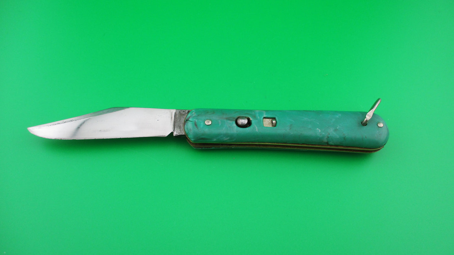 Colonial Fatjack Green swirl switchblade knife with lanyard ring unmarked